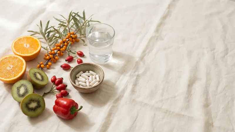 Vitamin C hochdosiert: Orangen, Kiwi, Hagebutten, Sanddorn und Kapseln auf hellem Leinen