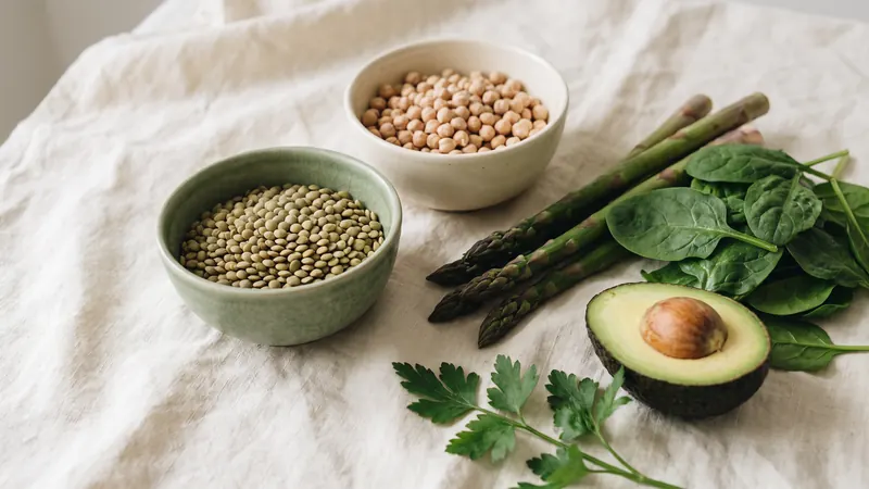 Folsäure und Vitamin B9 aus Lebensmitteln: Spinat, Spargel, Linsen, Kichererbsen und Avocado auf hellem Leinen