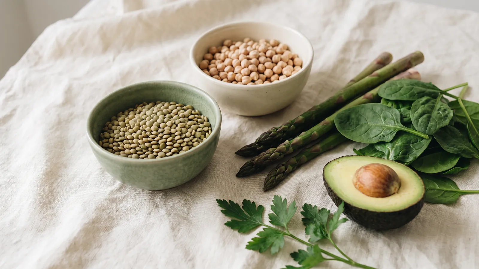 Folsäure und Vitamin B9 aus Lebensmitteln: Spinat, Spargel, Linsen, Kichererbsen und Avocado auf hellem Leinen