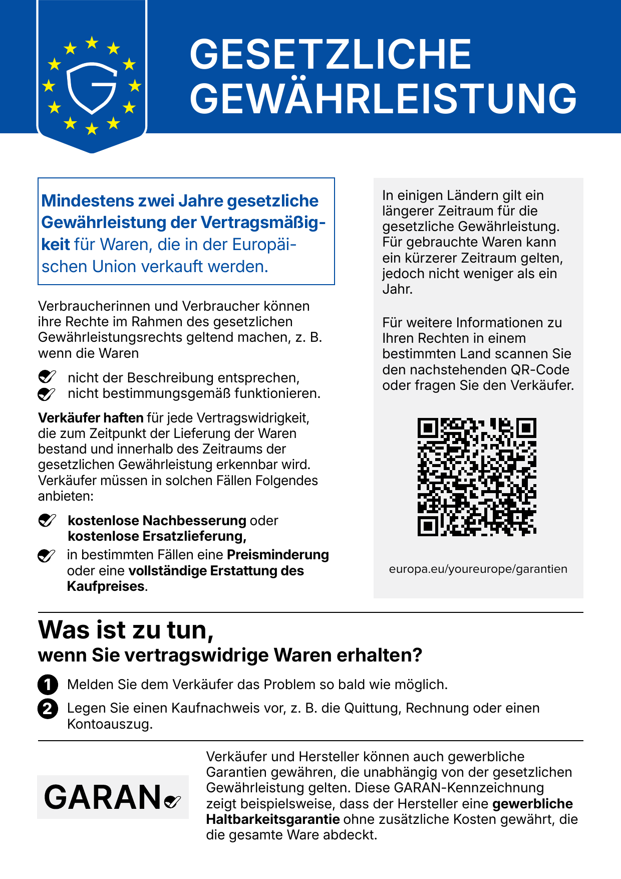 Offizieller EU-Hinweis „Gesetzliche Gewährleistung“: mindestens zwei Jahre gesetzliche Gewährleistung der Vertragsmäßigkeit für Waren, die in der Europäischen Union verkauft werden. Der vollständige Text steht unter der Grafik.