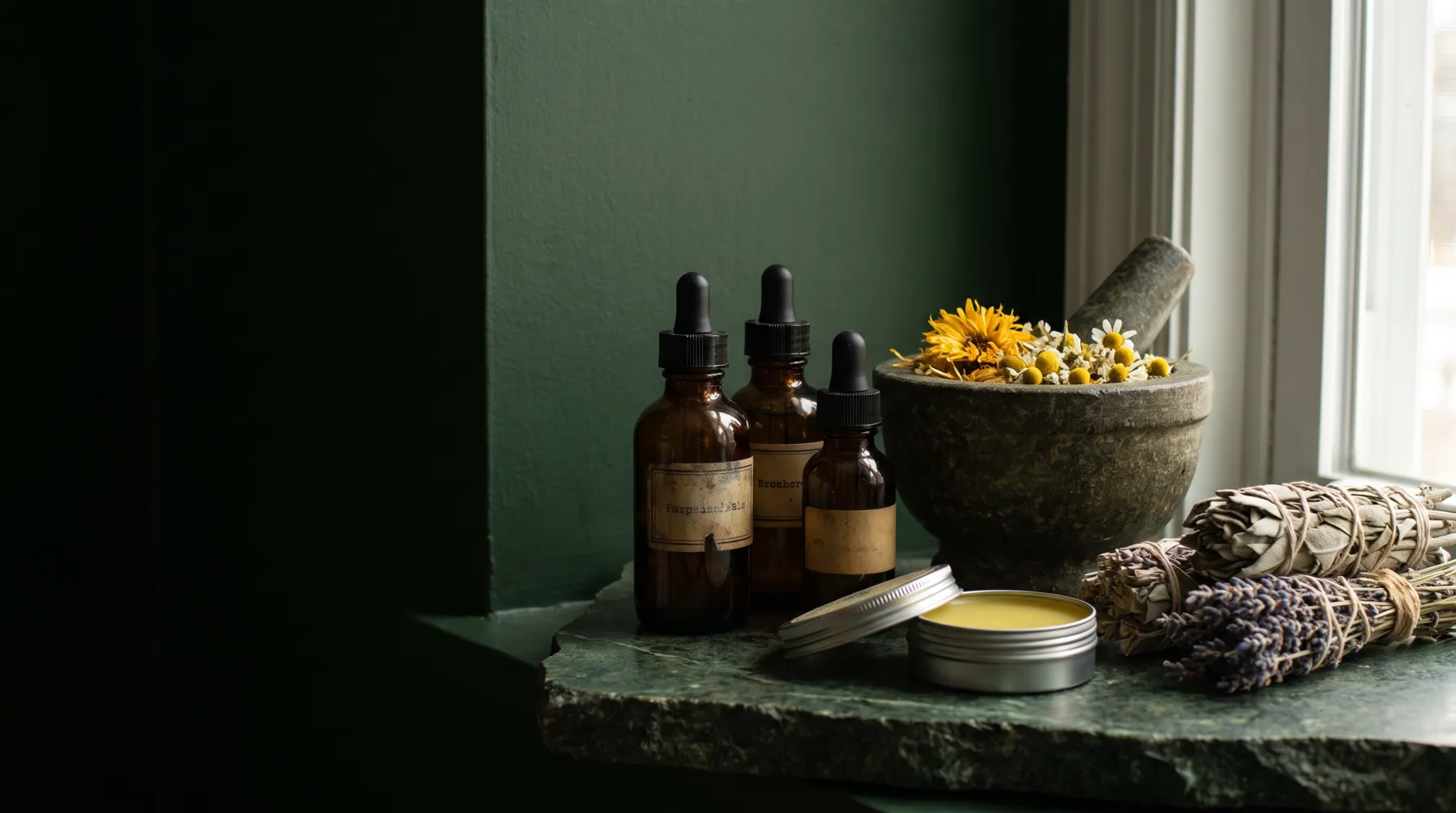 Braunglasflaschen, ein Mörser mit Ringelblumen und eine Dose Kräuterbalsam auf grünem Stein